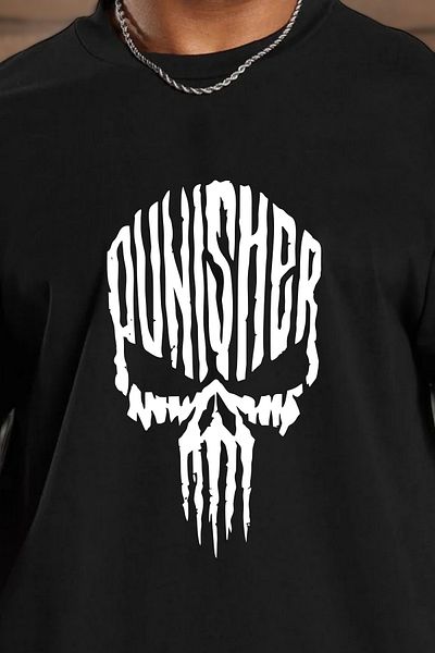 BESSA Ανδρικό μπλουζάκι Punisher με εμπριμέ μαύρο oversize βαμβακερό αθλητικό μπλουζάκι - Crew Neck
