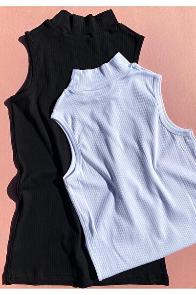 VicTroy Flexible Ribbed Camisole Tank Top - Turtleneck, Sleeveless, Cotton, 2 Pieces Black and White