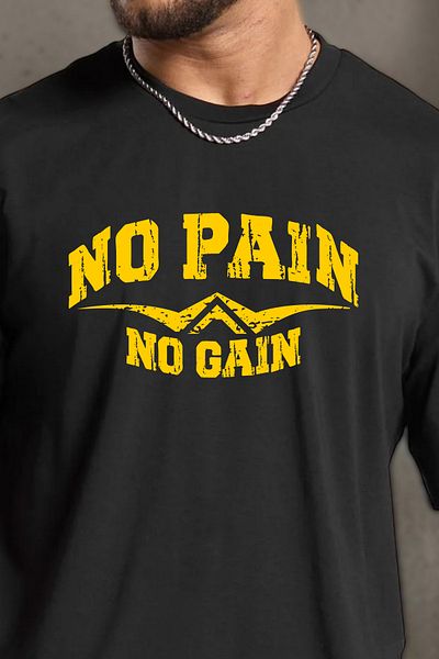 BESSA Ανδρικό αθλητικό μπλουζάκι No Pain No Gain με στάμπα - Oversize Crew Neck Cotton