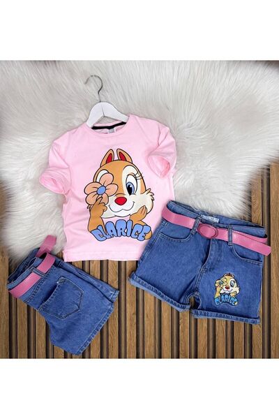 ARBİ kids Costum de vară Clarice Pink - Pantaloni scurți din denim și curea p...