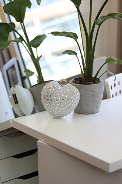 Moom Bag White Stone Detailed Heart Shaped Women's Evening Bag
