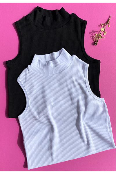 VicTroy Flexible Ribbed Camisole Tank Top - Turtleneck, Sleeveless, Cotton, 2 Pieces Black and White