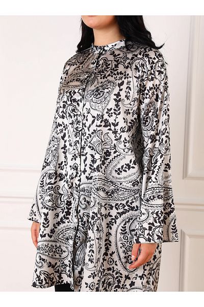 ALİA Large Size Floral Patterned Satin Tunic - Black - Beige - Alia