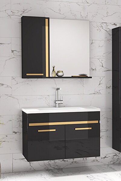 Alfa Banyo Yeni Gold Siyah 65 Cm Aynalı Seramik Lavabolu Mdf Banyo Dolabı Seti **hazır Kurulu**