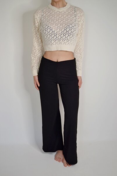 deslorsque Kadın Siyah Likralı Esnek Krep Kumaş Bol Paça Wide Leg Palazzo Pantolon