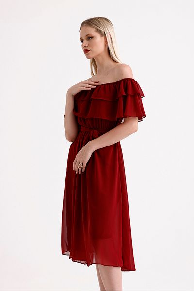 ADASTYLE Rochie burgundă din șifon cu guler