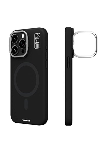 Youngkit iPhone 15 Pro Kılıf Magsafe Şarj Özellikli Kamera Standlı Silikon Youngkit Bitty Cream Kapak Siyah
