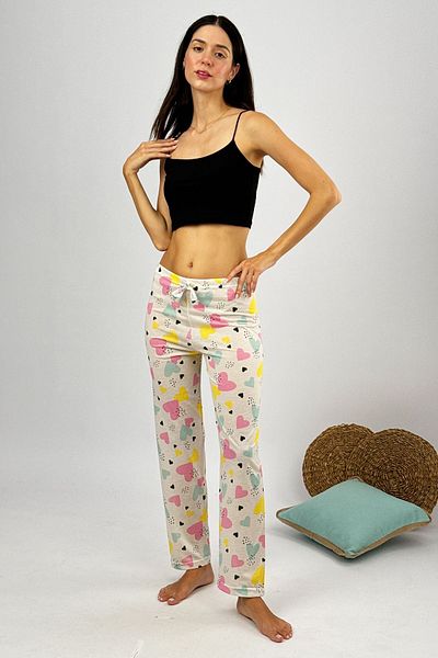 Betimoda Pantaloni de pijama pentru femei cu model de inimă ecru - 100% bumbac, respirabil și cu talie elastică