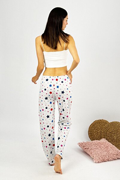 Betimoda Pantaloni de pijama pentru femei, 100% bumbac, cu model de stea gri - țesătură respirabilă și elastică în talie