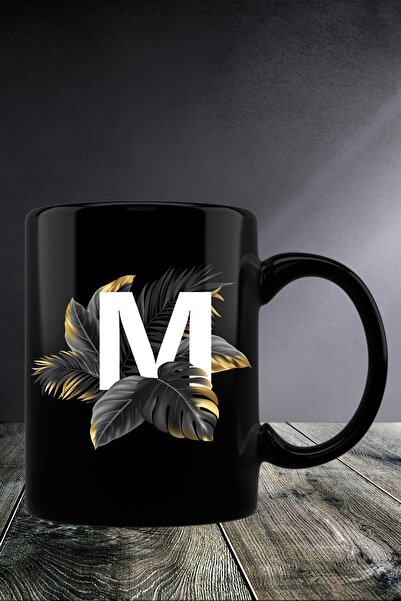 yhfoto كوب بحرف M - كوب أسود * طباعة ثنائية الاتجاه - Sk121