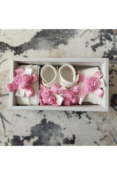 Caprice 100% Cotton Baby Girl Floral Shoes & Headband & Tights Set of 3