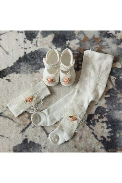Caprice 100% Cotton Baby Girl Floral Shoes & Headband & Tights Set of 3