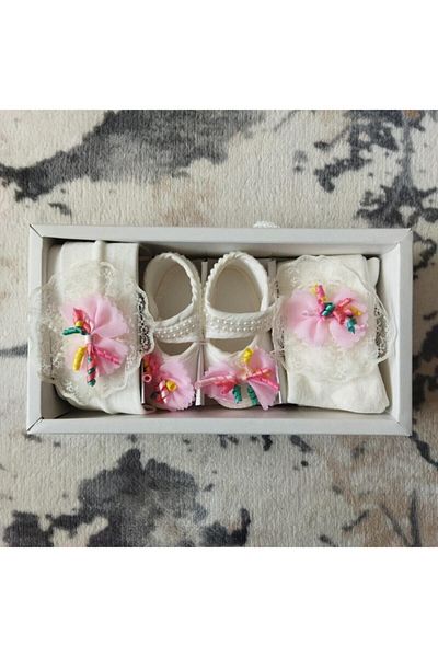Caprice 100% Cotton Baby Girl Floral Shoes & Headband & Tights Set of 3