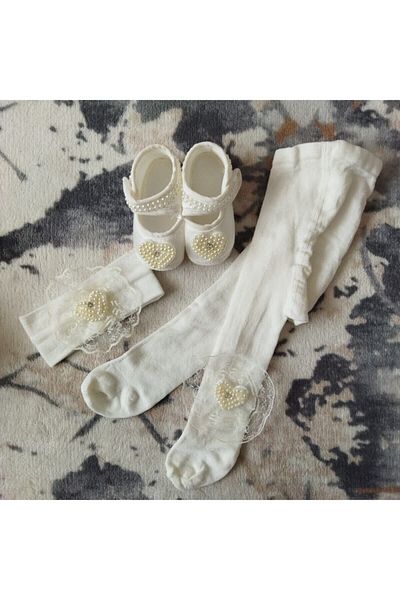 Caprice 100% Cotton Baby Girl Floral Shoes + Headband + Pantyhose Set of 3