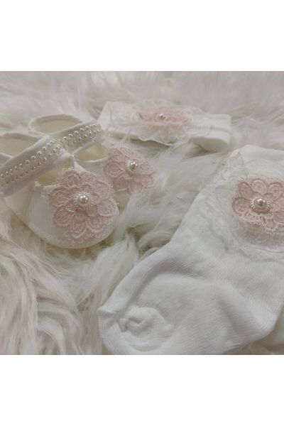 Caprice 100% Cotton Baby Girl Floral Shoes & Headband & Tights Set of 3