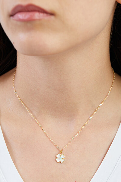 Elika Silver Sedef Görünümlü Yonca Model Gold Kolye