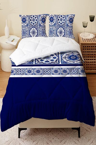 Else Dekor Double Blue and White Tile Patterned Quilted Yogan and Pillow Set