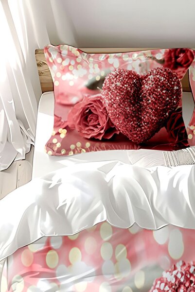 Else Dekor Σετ Παπλωματοθήκη με διπλό ροζ Pirloğlu - Μοτίβο καρδιάς και εμπριμέ βαμβακερό σατέν