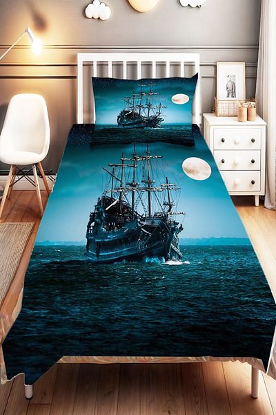 Else Dekor Sea Ship Pattern Black Blue - Single Children's Bedspread and Pillowcase