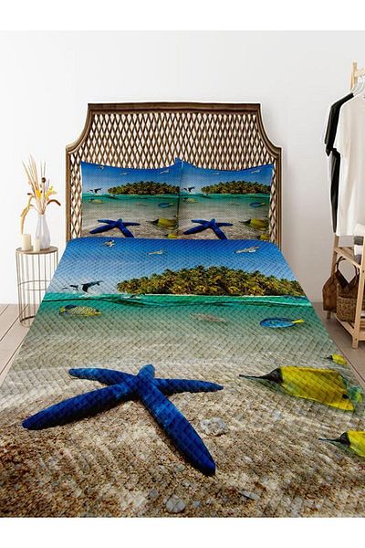 Else Dekor Κάλυμμα κρεβατιού με μοτίβο Tropical Island Sea - Σετ διπλό πικέ