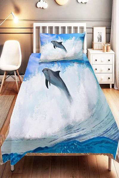 Else Dekor Dolphin Sea Patterned Digital Printed Single and Child Bedspread and Pillowcase