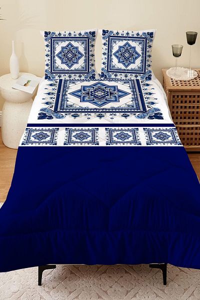Else Dekor Double Blue and White Floral Patterned Microfiber Quilted Sleeping Set