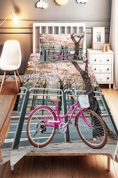Else Dekor Pink Single Digital Printed Bedspread and Pillowcase - Bicycle Pattern