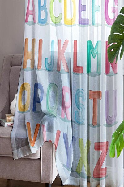 Else Dekor Alphabet Patterned Colorful Children's Baby Room - Single Wing Tulle Curtain