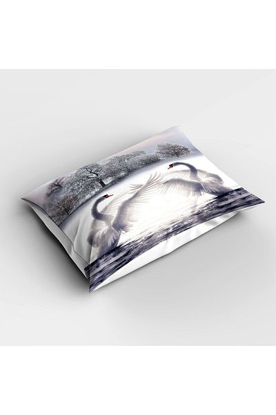 Else Dekor Single White Swans Patterned Digital Printed Bedspread and Pillowcase