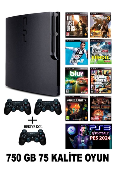 wiola Sony Ps3 Slim 750 Gb 75 Oyun 3 Kablosuz Kol (YENİLENMİŞ) Garantili Ürün