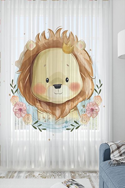 Else Halı Aslan lı Desenli Dekoratif Çocuk Bebek Odası Tek Kanat Tül Perde