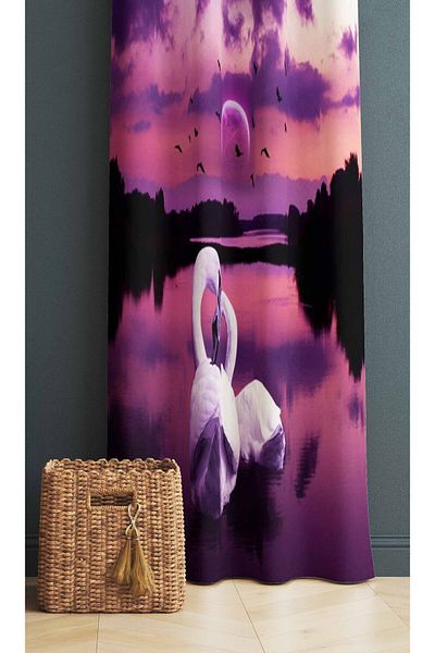 Else Dekor Purple White Digital Printed Swans Patterned Bedroom Living Room Kitchen Background Curtain