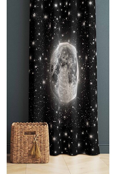 Else Halı Siyah Gri Ay Galaksi Desenli Dijital Baskı Dekoratif Yatak Odası Sa...