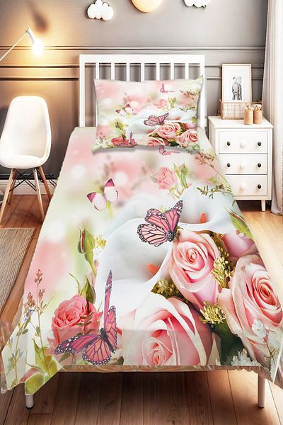 Else Dekor Peöbe Single and Kids Bedspread - Floral Roses Patterned and Digital Printed
