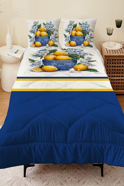 Else Dekor Vintage Lemon Patterned Double Person Microfiber Quilted Sleeping Set - With Quilt and Pillowcase