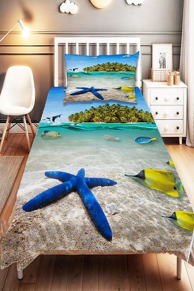 Else Dekor Single Tropical Island Sea Patterned Digital Printed Children's Bedspread and Pillowcase