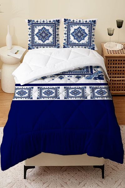 Else Dekor Double Blue and White Floral Patterned Microfiber Quilted Sleeping Set