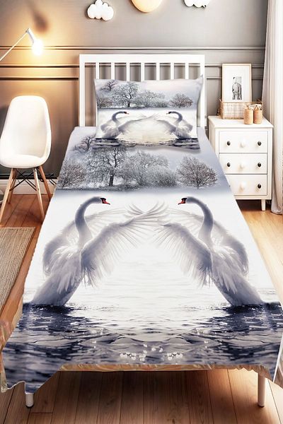 Else Dekor Single White Swans Patterned Digital Printed Bedspread and Pillowcase