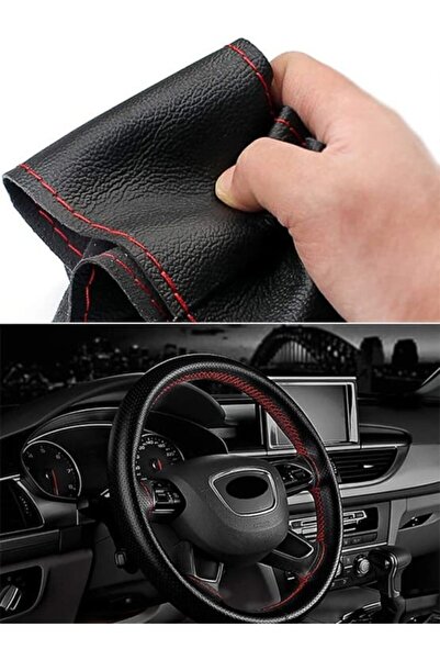 MeyZone Direksiyon Kılıfı Düz Deri Dikişli Dikmeli Direksiyon Kılıfı Kırmızı Dikişli
