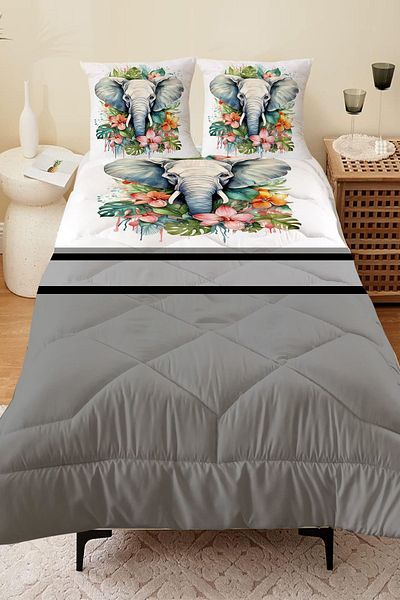 Else Dekor Double Person Microfiber Quilted Sleeping Set - Colorful Elephants Pattern, Quilt Pillow