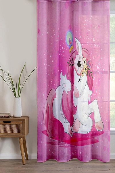 Else Dekor Pink Unicorn Patterned Decorative Baby Room - Single Wing Tulle Curtain