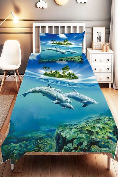 Else Dekor Sea Patterned Blue Dolphins - Digital Printed Single Children's Bed Set
