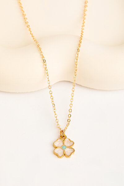 Elika Silver Sedef Görünümlü Yonca Model Gold Kolye