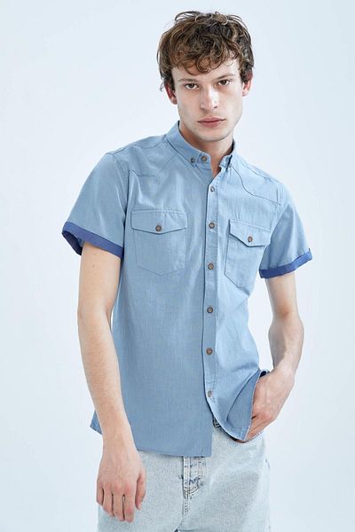 DeFacto Slim Fit Polo Neck Poplin Short Sleeve 100% Cotton Shirt