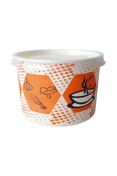 Balkan Turuncu Karton Kağıt Çorba Kasesi 100 Adet - Plastik Kapaklı 16 Oz (Sı...