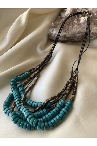 azra takı tasarım Handmade wood women's blue short necklace