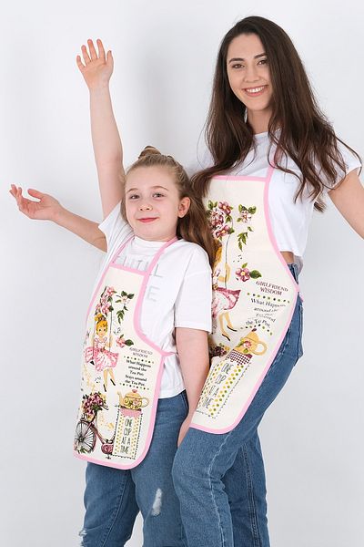 GÜLCÜ Liquid Proof Waterproof Kitchen Bib Set with Mother and Daughter - Girl on a Bicycle
