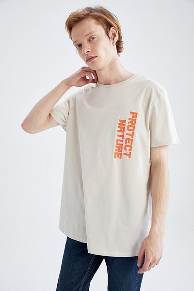 DeFacto Long Fit Crew Neck Back Printed Short Sleeve 100% Cotton T-Shirt