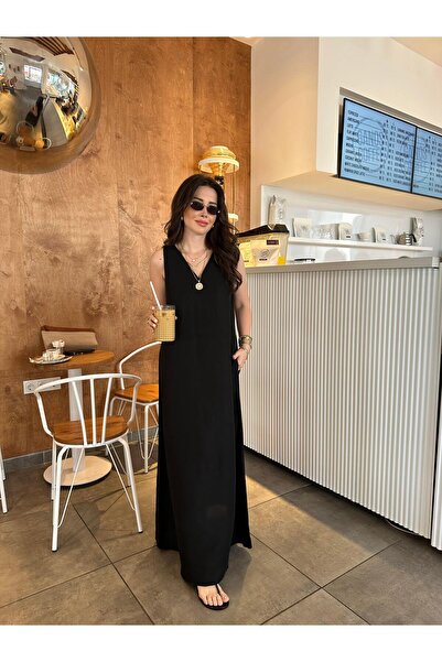 CKBUTİK Siyah Lastik Askılı Maxi Boy Ham Keten Elbise