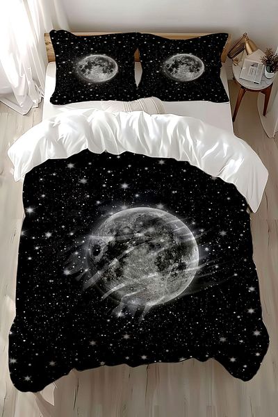 Else Dekor Set cuvertură de pilota dublă - Negru Gri Moon Galaxy Model, Bumbac Satin